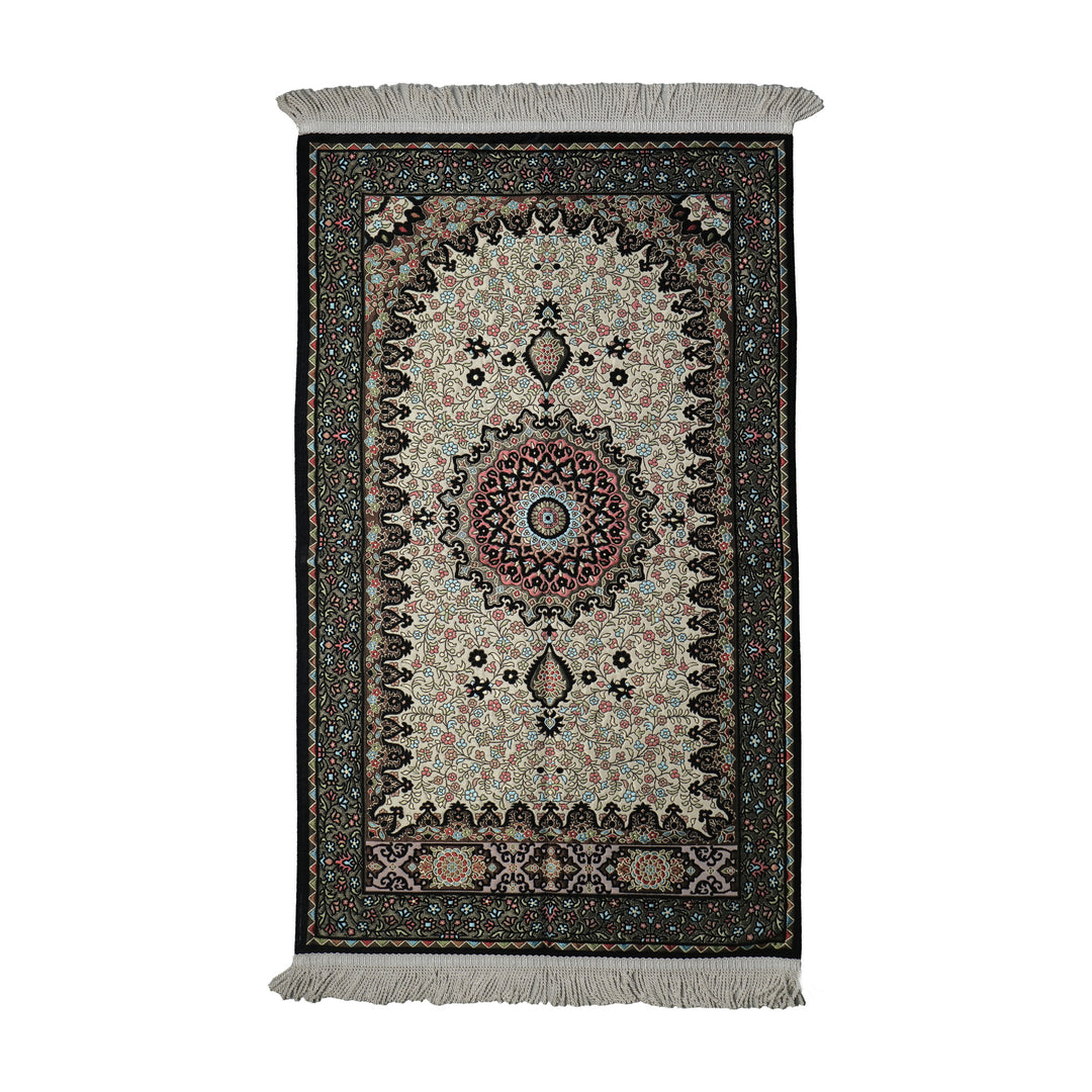 Floral Vine Prayer Rug in Black - Cream on a white background, full view with fringed short edges
