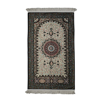 Floral Vine Prayer Rug in Black - Cream on a white background, full view with fringed short edges