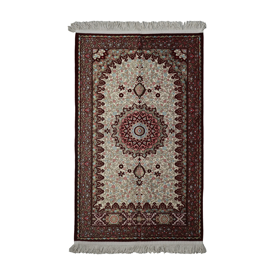 Floral Vine Prayer Rug in Burgundy - Cream on a white background, full view with fringed short edges