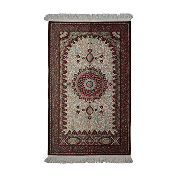 Floral Vine Prayer Rug in Burgundy - Cream on a white background, full view with fringed short edges