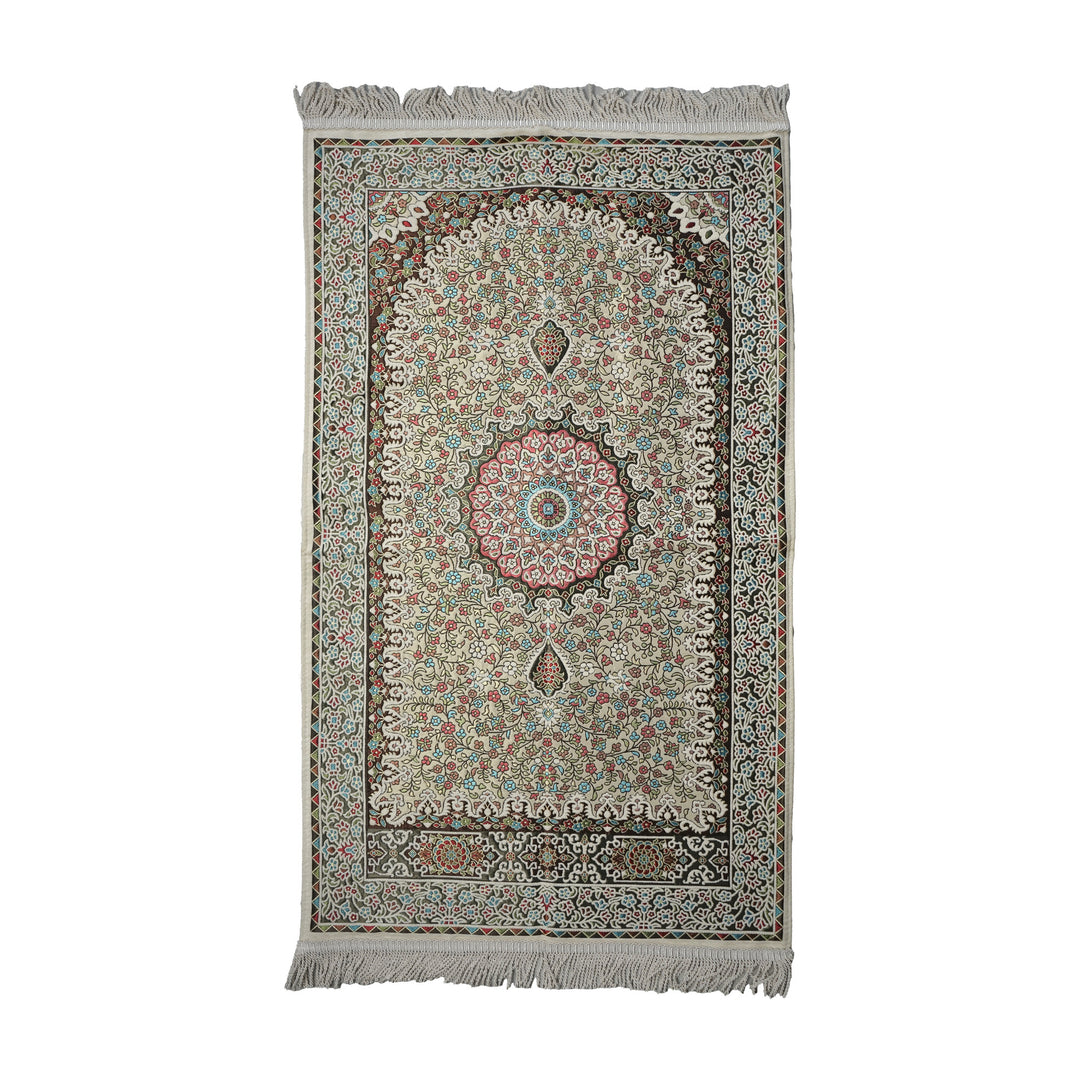 Floral Vine Prayer Rug in Cream - Beige on a white background, full view with fringed short edges