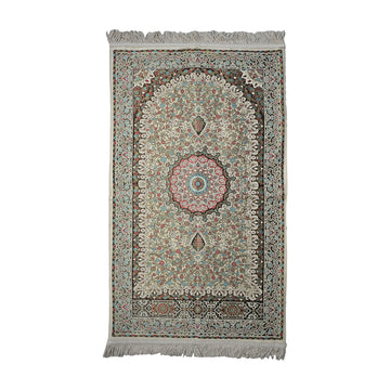 Floral Vine Prayer Rug in Cream - Beige on a white background, full view with fringed short edges