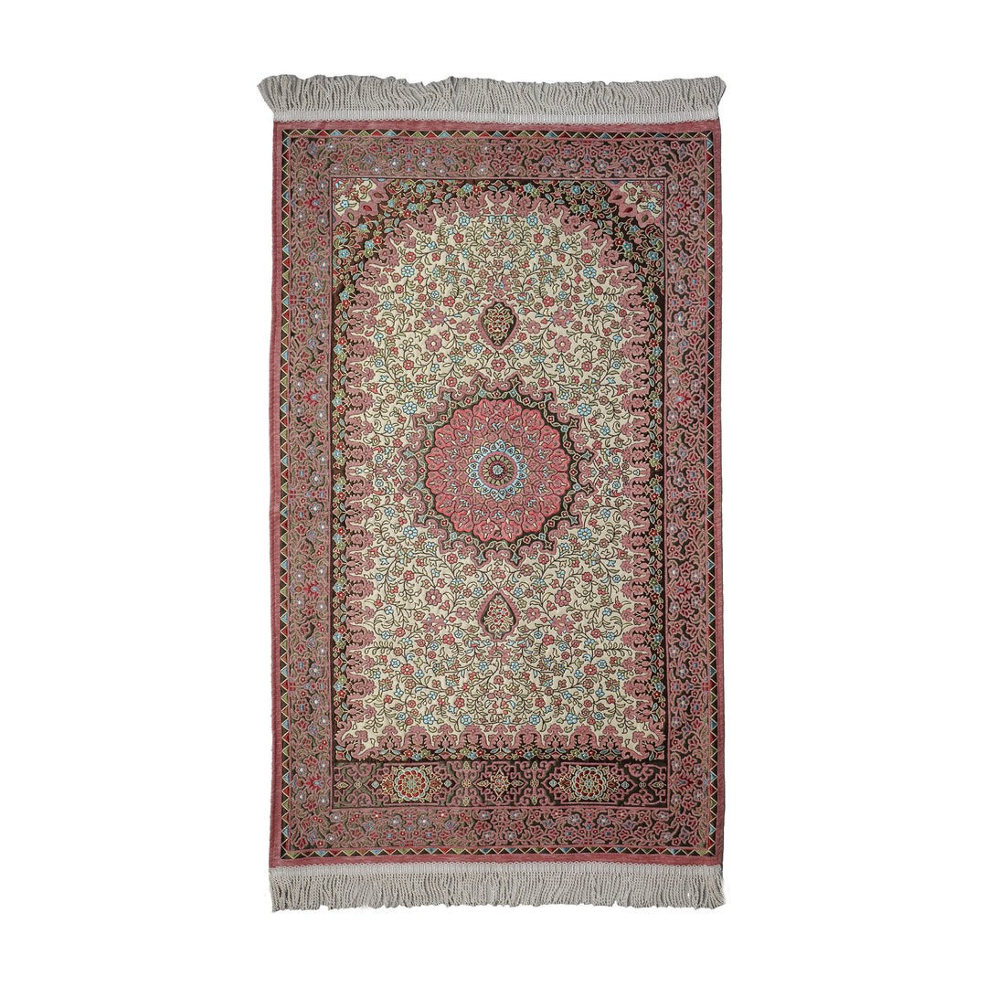 Floral Vine Prayer Rug in Dried Rose - Cream on a white background, full view with fringed short edges