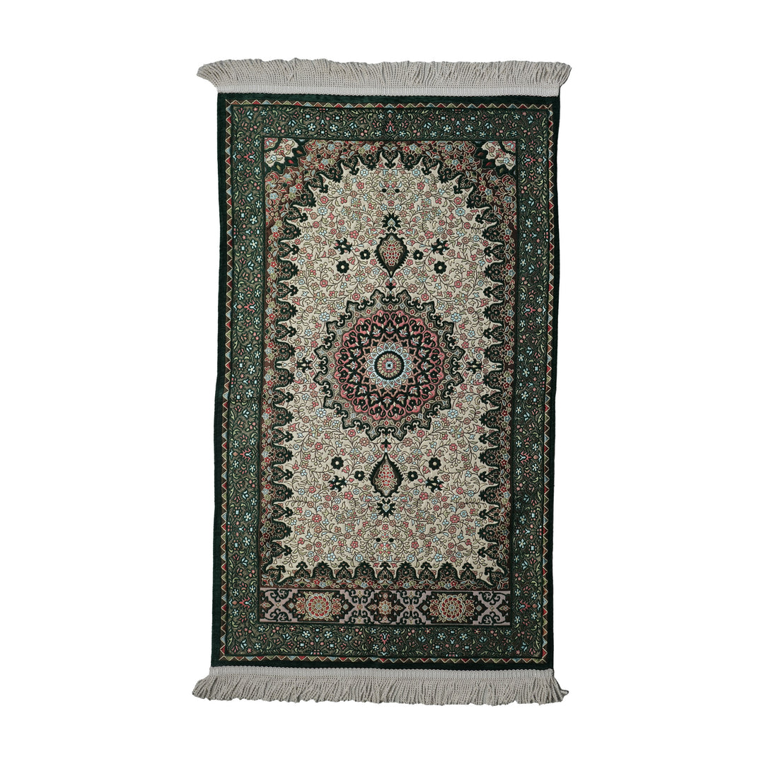 Floral Vine Prayer Rug in Emerald Green - Cream on a white background, full view with fringed short edges