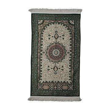 Floral Vine Prayer Rug in Emerald Green - Cream on a white background, full view with fringed short edges