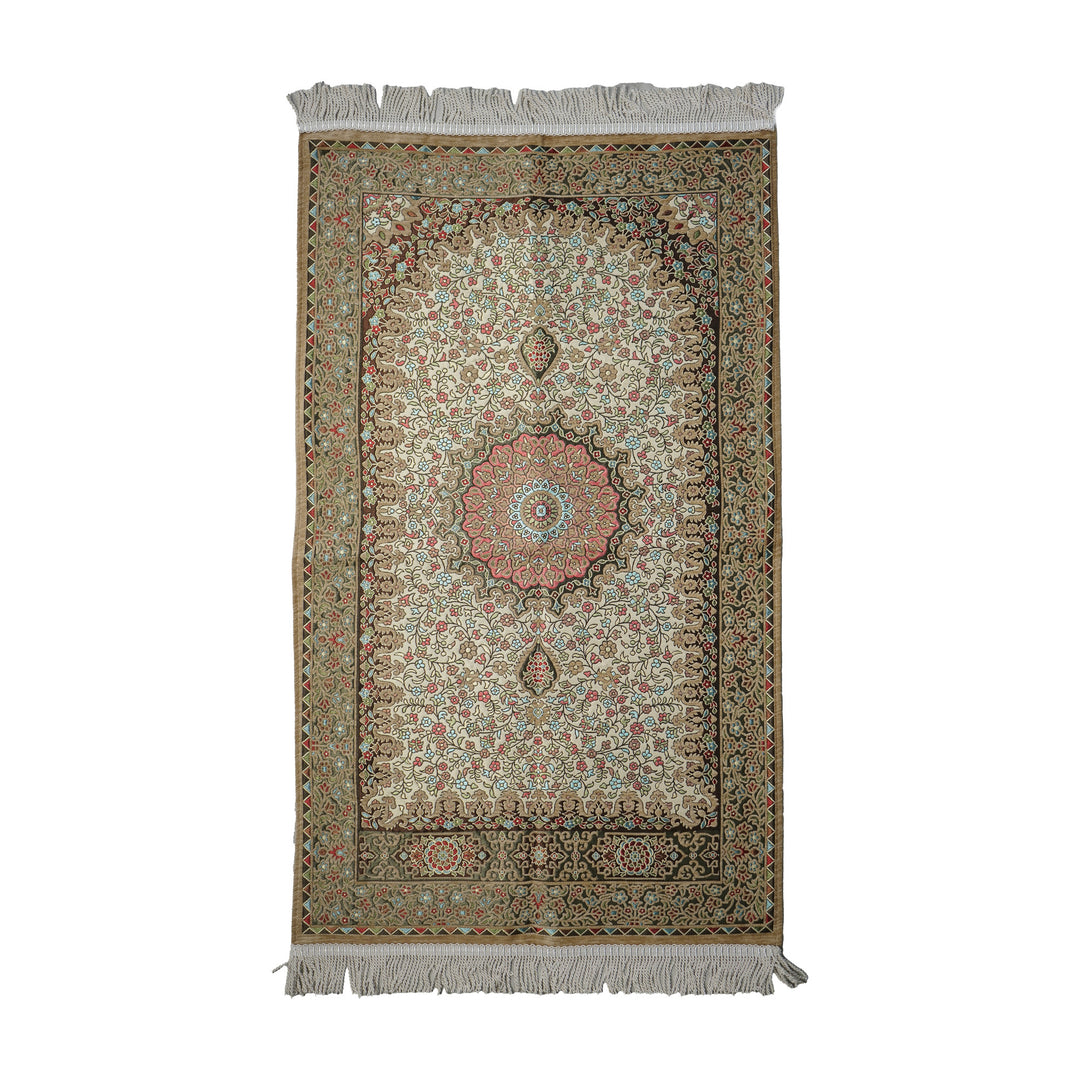 Floral Vine Prayer Rug in Mink - Cream on a white background, full view with fringed short edges