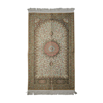 Floral Vine Prayer Rug in Mink - Cream on a white background, full view with fringed short edges