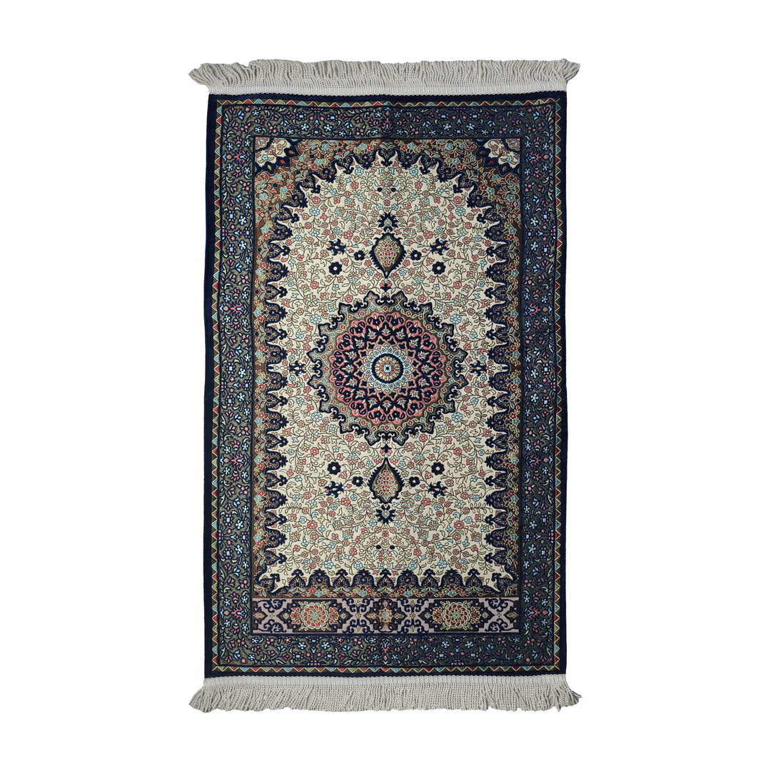 Floral Vine Prayer Rug in Navy - Cream on a white background, full view with fringed short edges