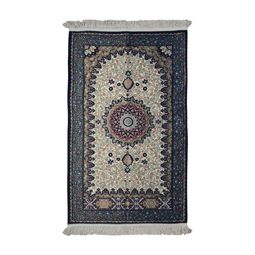Floral Vine Prayer Rug in Navy - Cream on a white background, full view with fringed short edges