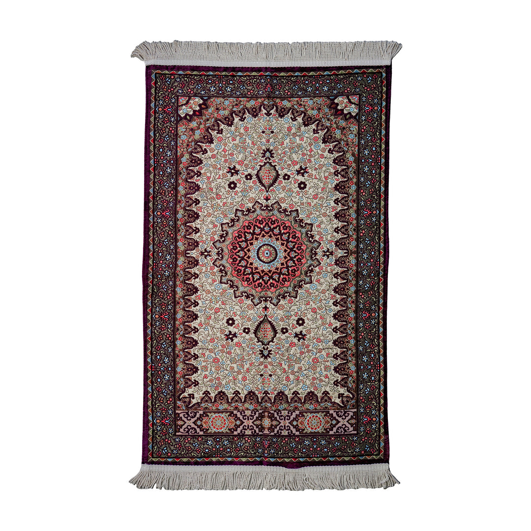 Floral Vine Prayer Rug in Plum - Cream on a white background, full view with fringed short edges