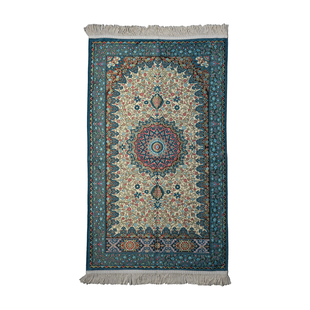 Floral Vine Prayer Rug in Turquoise - Cream on a white background, full view with fringed short edges