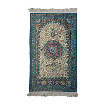 Floral Vine Prayer Rug in Turquoise - Cream on a white background, full view with fringed short edges