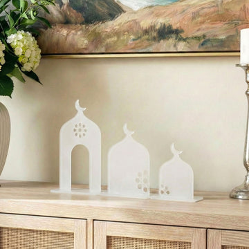 Three-Piece Set Acrylic Mosque Silhouette Stand – Modern Islamic Table Decor & Ramadan Gift
