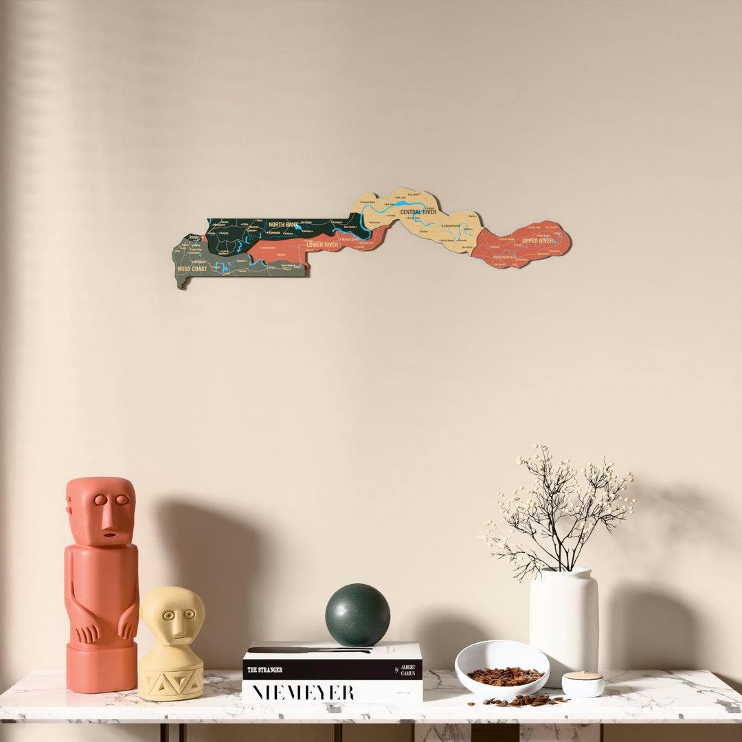 Sage Gambia wooden wall map above a marble console, front view