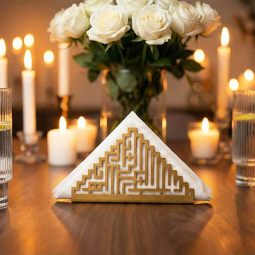 Bismillah Kufic metal napkin holder, close-up and size view