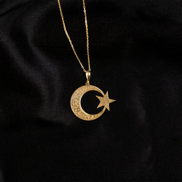 Gold Kalima Tawhid crescent and star pendant with chain