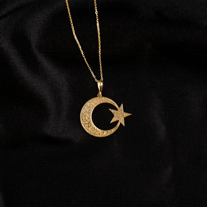 Gold Kalima Tawhid crescent and star pendant with chain