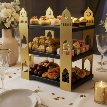 3-stöckige Moschee-Etagere – Ramadan-Dessertturm aus Metall & Holz