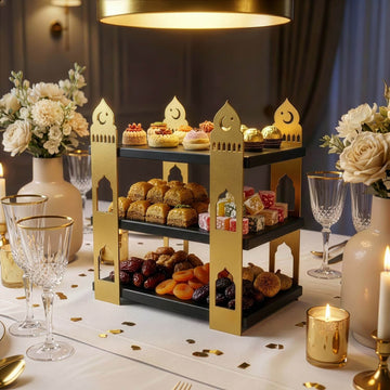 3-stöckige Moschee-Etagere – Ramadan-Dessertturm aus Metall & Holz