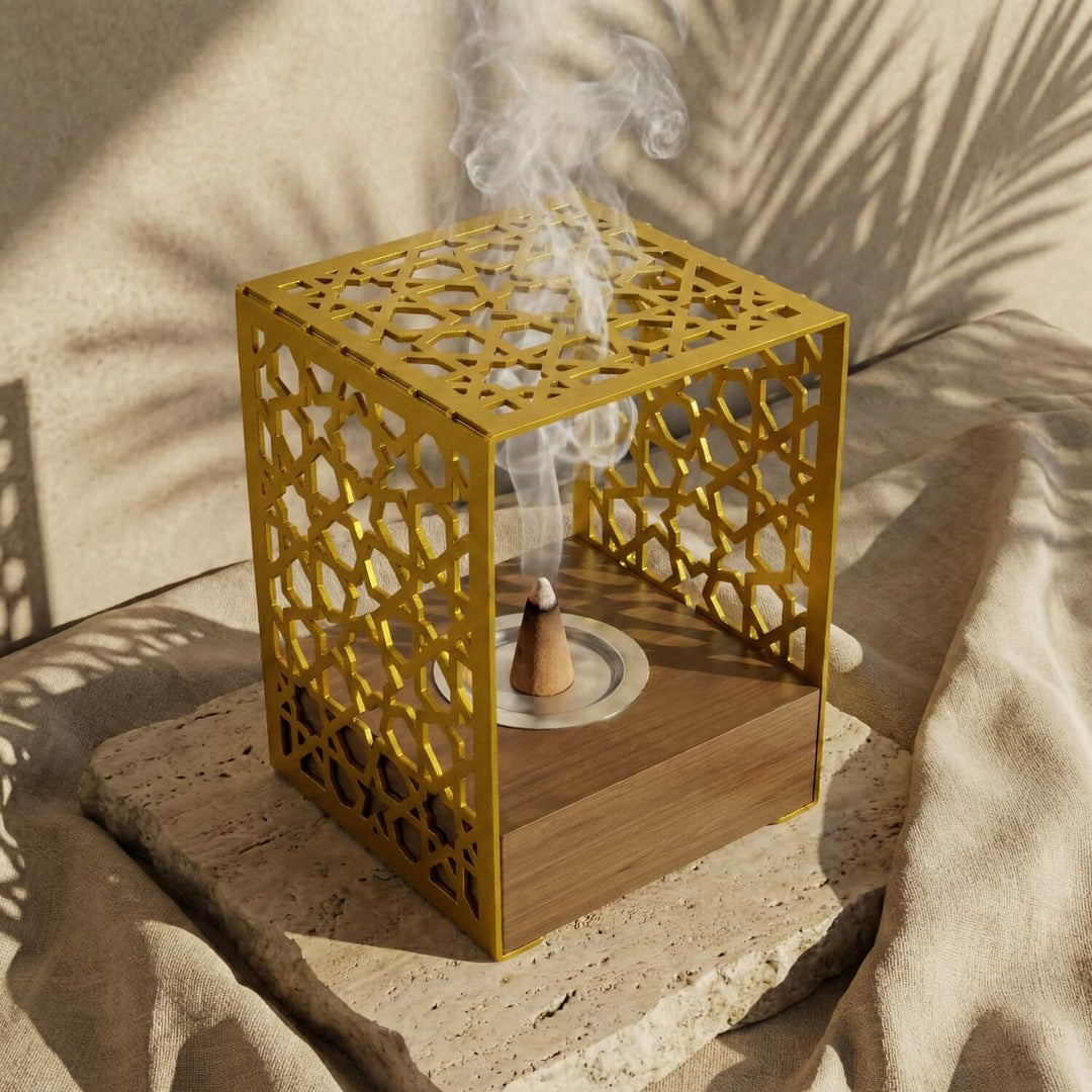 Minimalist Wooden Base Metal Mabkhara – Modern Bakhoor Burner