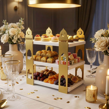 3-stöckige Moschee-Etagere – Ramadan-Dessertturm aus Metall & Holz