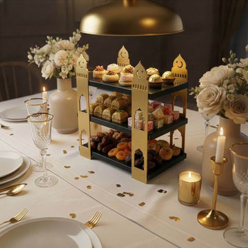 3-stöckige Moschee-Etagere – Ramadan-Dessertturm aus Metall & Holz