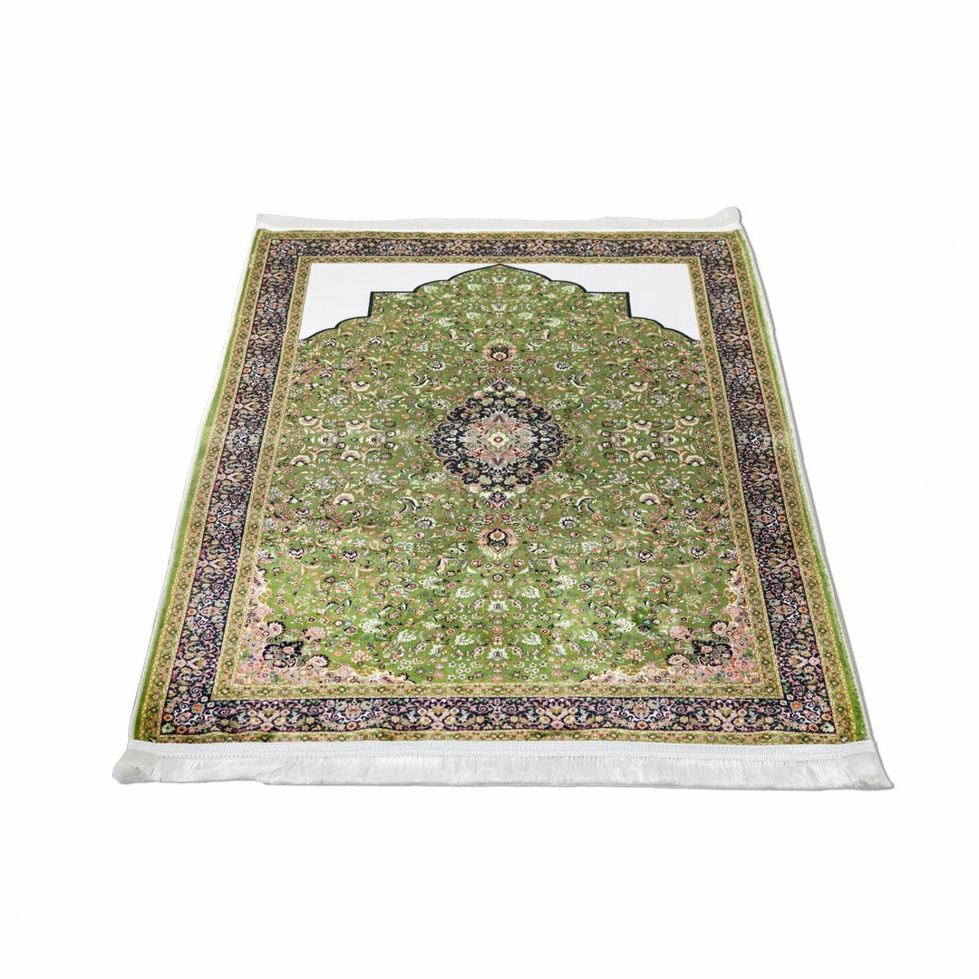 islamic-prayer-carpet-green-black-ornate-pattern-soft-fabric-islamicwallartstore