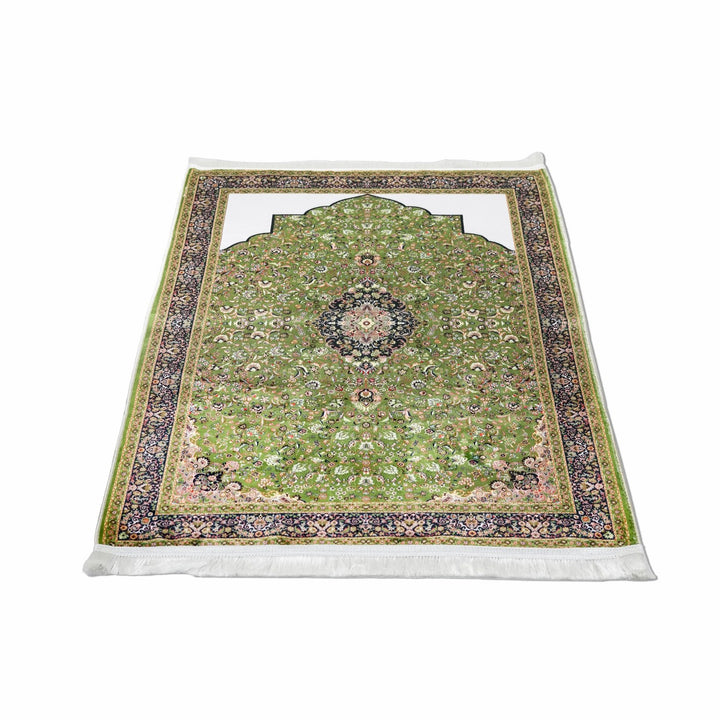 islamic-prayer-carpet-green-black-ornate-pattern-soft-fabric-islamicwallartstore