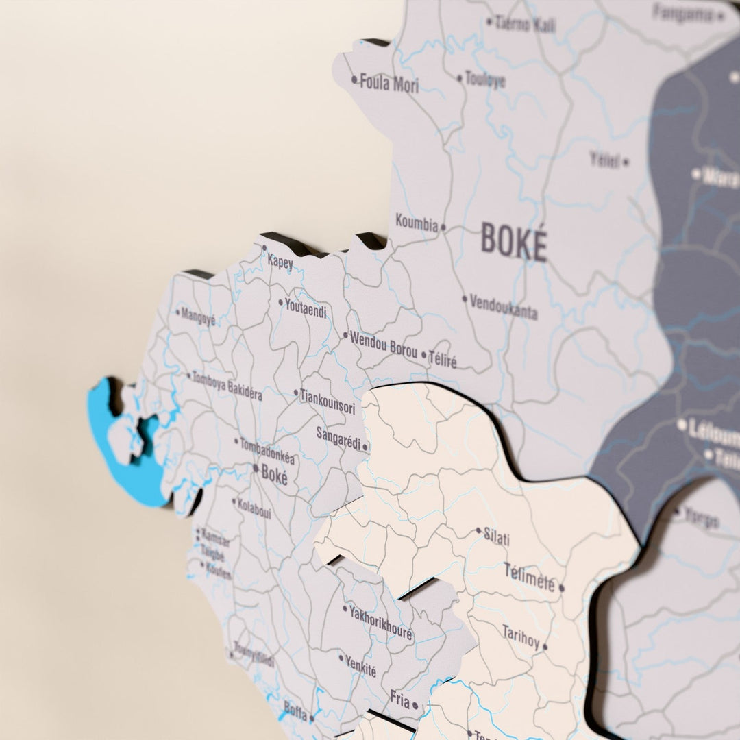 Close-up of the Nimbus Guinea wooden wall map with layered regions and printed names