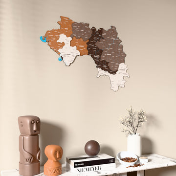 Soil Guinea wooden wall map on a beige wall above a console with figurines