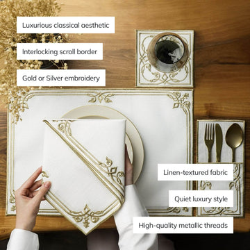 Interlocking scroll dining set with callouts: classical aesthetic, interlocking scroll border, Gold or Silver