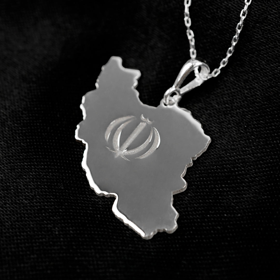 Iran map necklace, polished silver