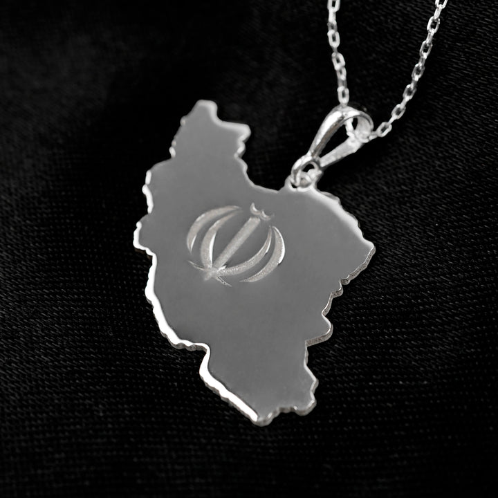 Iran map necklace, polished silver