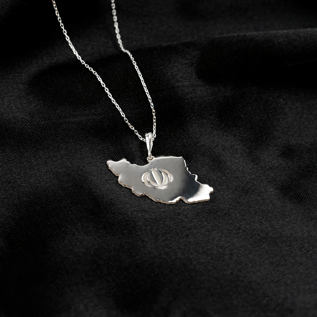 Iran map necklace in silver on black satin