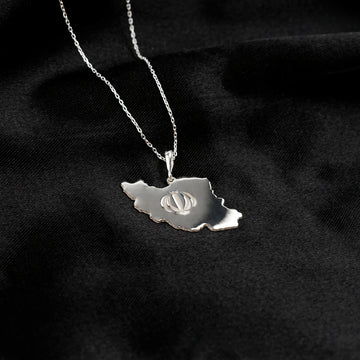Iran map necklace in silver on black satin