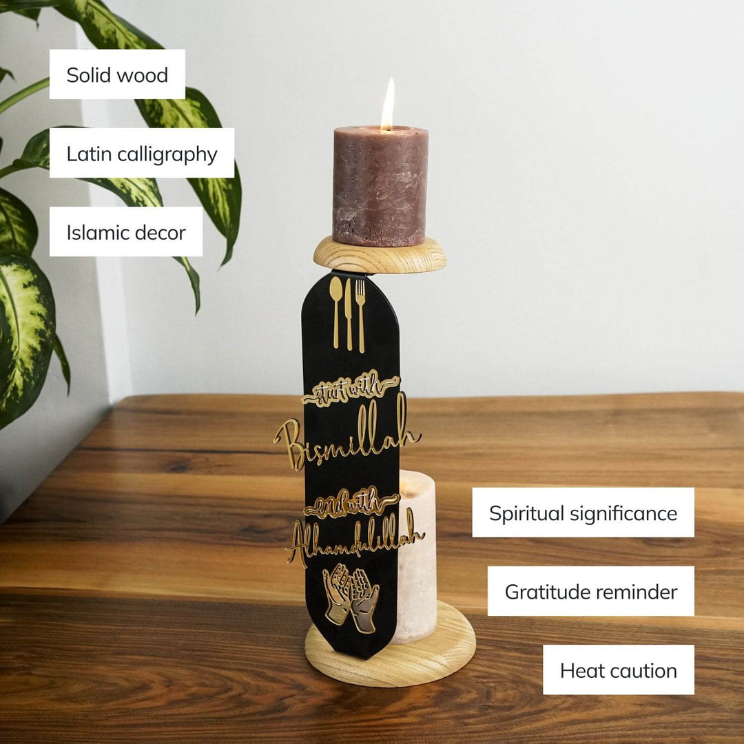 Bougeoir islamique avec légendes : bois massif, calligraphie latine, signification spirituelle et mise en garde contre la chaleur