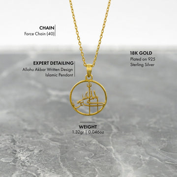 Allahu Akbar pendant details: 18K gold plated 925 sterling silver, force chain, weight 1.32 gr (0.046 oz)