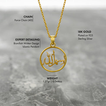 Islamic Necklace - Bismillah Written 18K Gold Plated Silver Pendant - Islamic Wall Art Store