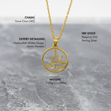 Hasbiyallah pendant details: 18K gold plated 925 sterling silver, force chain, weight 1.25 gr (0.044 oz)