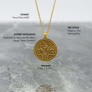 Détails du pendentif Mashallah La Quwwata Illa Billah : argent 925 plaqué or 18 carats, poids 4.14 gr (0.14 oz)