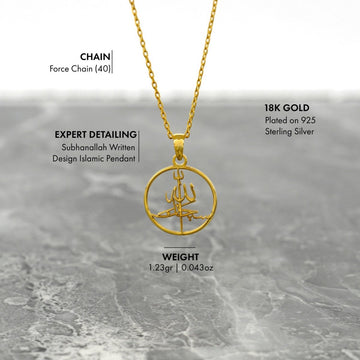 Subhanallah pendant details: 18K gold plated 925 sterling silver, force chain, weight 1.23 gr (0.043 oz)