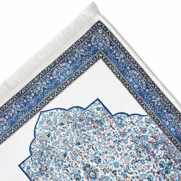 Islamic Prayer Mat White & Blue Classic Ornate - Islamic Wall Art Store