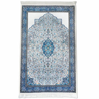 Islamic Prayer Mat White & Blue Classic Ornate - Islamic Wall Art Store