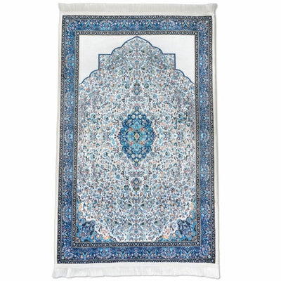 Islamic Prayer Mat White & Blue Classic Ornate - Islamic Wall Art Store
