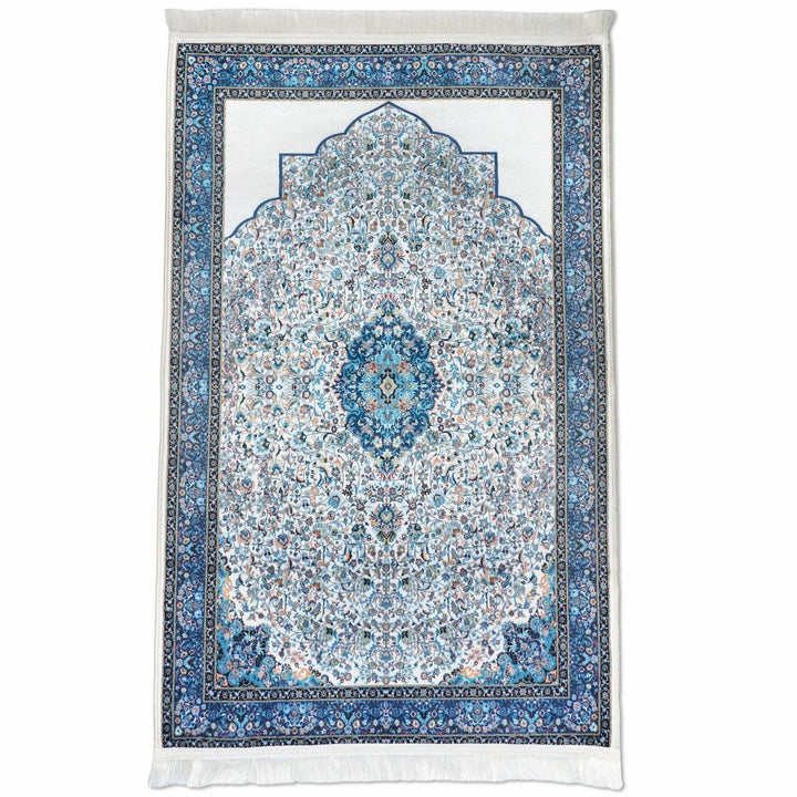 islamic-prayer-mat-white-blue-ornate-pattern-soft-fabric-islamicwallartstore