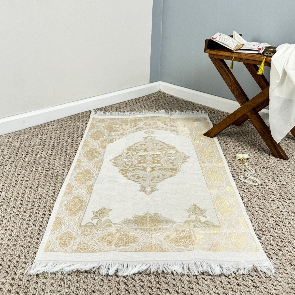 Islamic Pattern Cream Islamic Prayer Rug, Cream Color Prayer Set – Islamic Wall Art Store