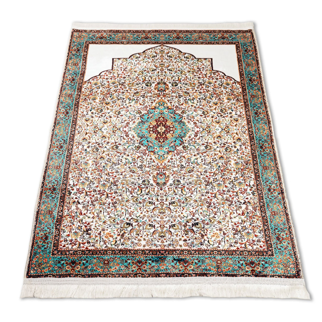 aqua-beige-muslim-prayer-rug-ornate-design-soft-acrylic-islamicwallartstore