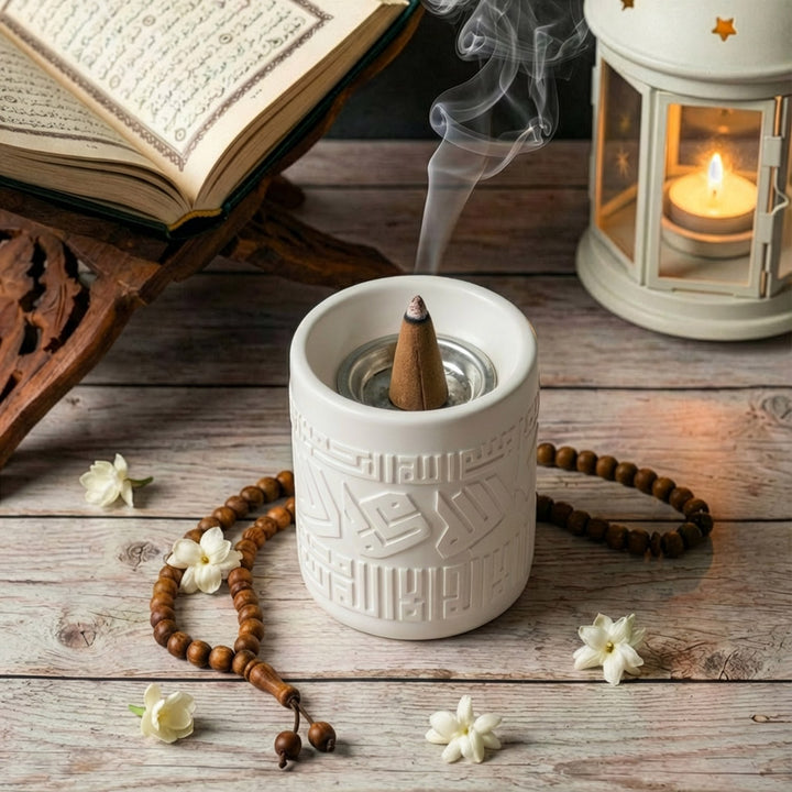 Kufic Stone Incense Burner (Mabkhara) – Handmade Allah(SWT) & Mohammed (PBUH) Calligraphy Decor