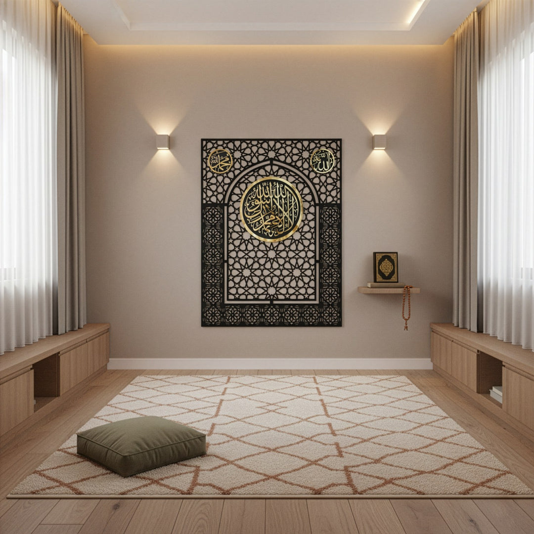 kalima-tawheed-mihrab-wall-art-for-prayer-spaces-allah-muhammad-calligraphy-motif-islamicwallartstore