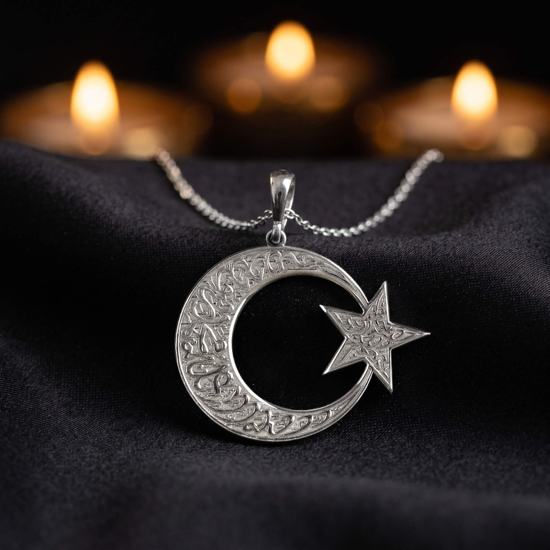 Kalima Tawhid crescent and star necklace, 925 sterling silver